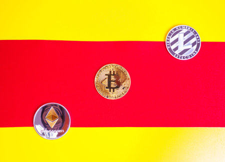 Crypt currencies crosses the white line on a yellow background. The concept of crypt currencies.