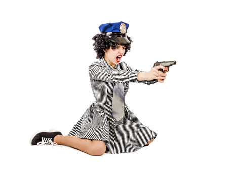 Beautiful young policewoman with face expression. Isolated on white backgroundの写真素材