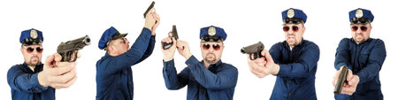 A group of policemen holding a gun, isolated on a white background
