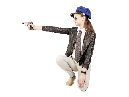 woman in carnival costume. Police woman shape. Isolated imageの写真素材