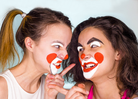 Family in funny disguise on color background. April fools day celebrationの写真素材