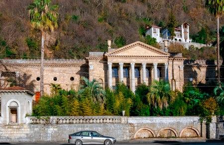 Abkhazia. Old house with columns. Old abandoned winter theater, Gagra, Abkhazia.