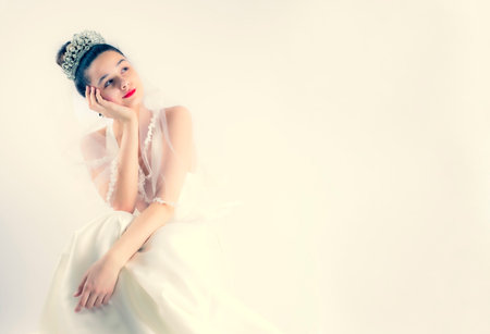 Close-up portrait of attractive fashion model bride looking away. Studio shot. Copy space. Isolated...