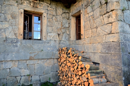 Wood in wall cornerの写真素材