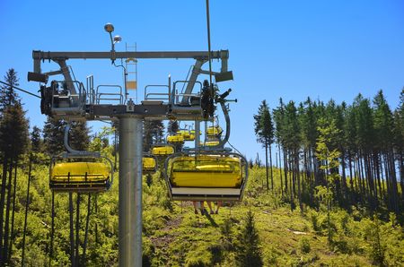 SZCZYRK, POLAND - JUBNE 6 -Yellow cable car on skrzyczne mountain in polandのeditorial素材