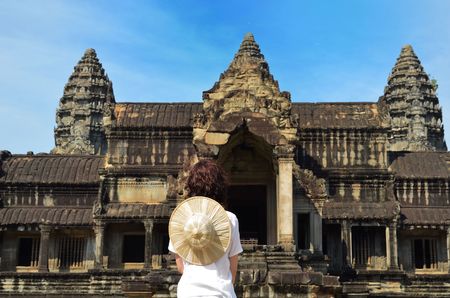 woman at Angkor Wat temple complex, Siem Reap, Cambodiaの写真素材