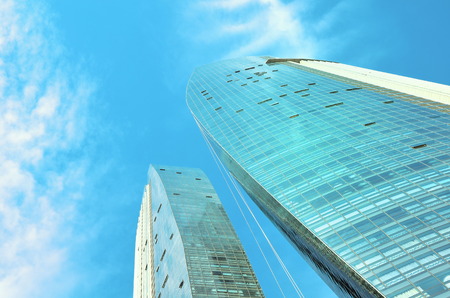 SINGAPORE- MAY 6, 2016 : Skyscrapers office buildings of modern megalopolis in Singapore downtown.のeditorial素材