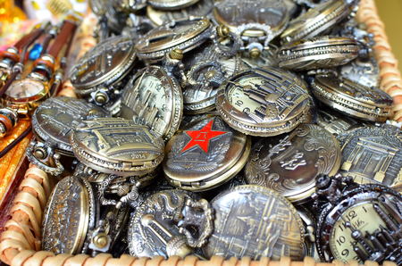 SHANGHAI, CHINA - May 7, 2017 - Souvenir bronze quartz pocket Watch on market near Yu Garden, Shanghaiのeditorial素材