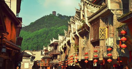 Fenghuang, China - May 15, 2017: Shops street near Phoenix Hong Bridge in Fenghuangのeditorial素材