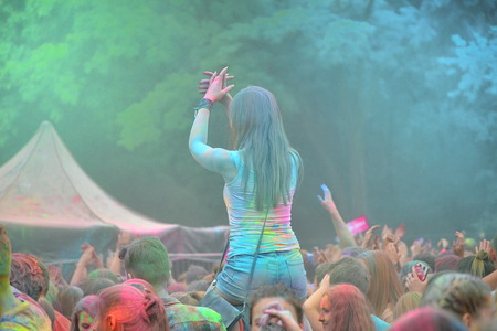 Cracow, Poland - June 28, 2018. People dancing and celebrating during Music and Colors festival.のeditorial素材