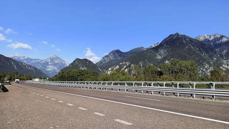 View of mountain from road in north Italyの写真素材