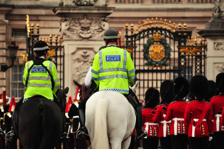 London, England - July 26, 2011: The colorful changing of the guard ceremony at Buckingham Palace in...