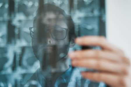 young doctor looking at Magnetic resonance imaging shot of knee-joint. meniscus injury. closeup