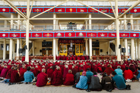 big group of tibetan buddhist monks is on learning meditation practice. 2 february 2018 India,...
