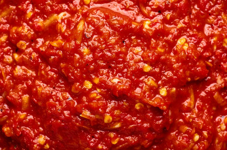 Schezwan Sauce close up texture. Schezwan Sauce is Indo-chinese or Sichuan cuisine hot sauce with...