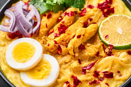 Ohn No Khao Swe in black bowl at dark slate background. Oh No Khao Suey is Coconut Milk Noodle Soup of myanmar cuisine with chicken meat and eggs. Burmese food.の写真素材