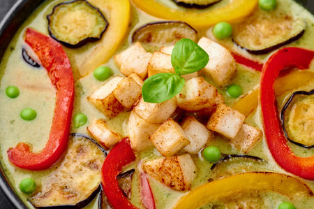 Vegetarian Thai Green Curry with tofu in black bowl. Veg Green Thai Curry is thailand cuisine dish...