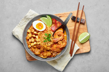 Laksa in gray bowl on concrete table top. Coconut noodle soup with chicken meat and prawns of...