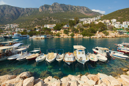 A lot of small boat at the pier in town of Kas in Turkeyの写真素材