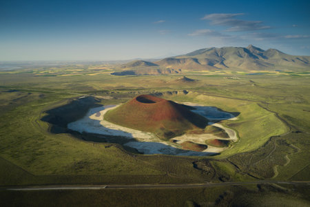 Aerial landscape of Meke Crater in Turkey. Stunned view of green valley with mountains and crater lakeの写真素材