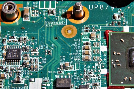 Detail of the motherboard.This includes the socket for the CPU, slots for memory modules and expansion cardsの写真素材