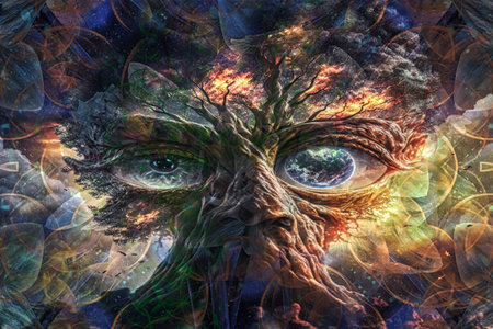 Mystical tree with man face. Fantasy illustration. Computer collage.の写真素材