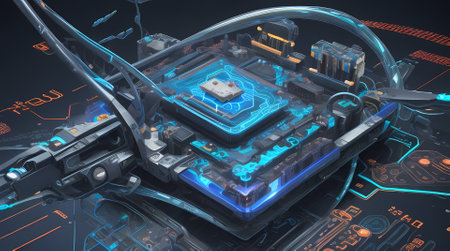 3d rendering of a futuristic background with an electronic circuit in the foregroundの素材