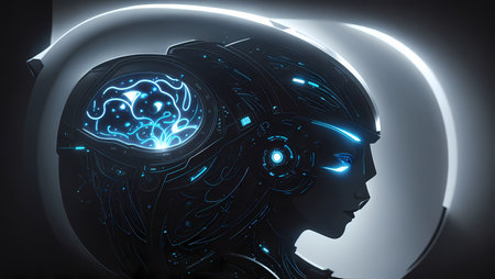 3d rendering cyborg woman with glowing brain in cyberspaceの素材