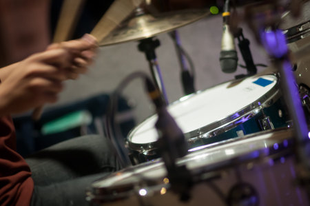 Drum set with focus on hi-hat cymbalの写真素材