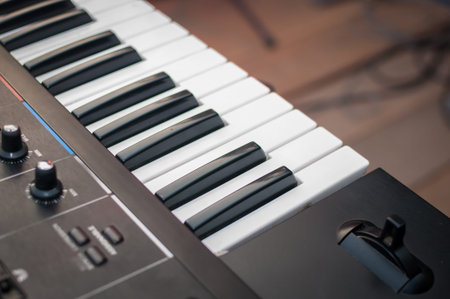 Music Synthesizer closeup. keyboard and controls