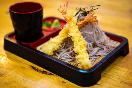 Delicious cold noodles and tempura shrimp, vegetables, Japanese food, Soba noodles