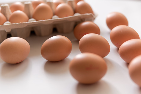 chicken eggs, packaged, eggs placed on a white background, eggs outside the packageの写真素材