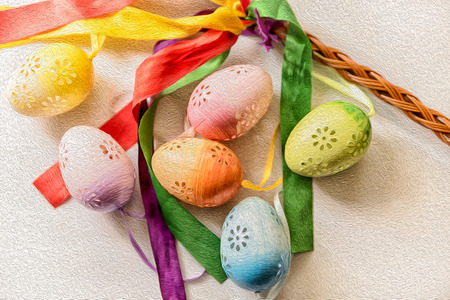 Easter, Easter decorations, painted eggs in a basket, and a backpack on a white backgroundの写真素材