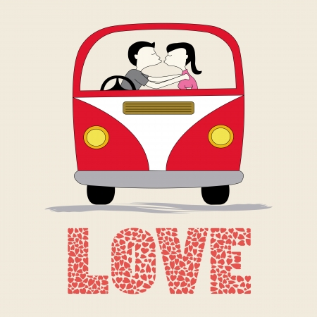 Boy and girl are kissing in the van のイラスト素材