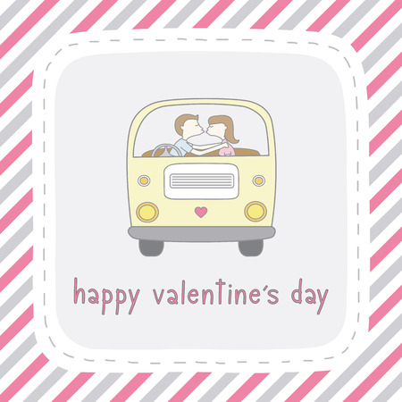 Boy and girl are kissing in the van.のイラスト素材