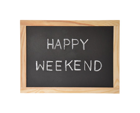 Happy weekend text on blackboard.の写真素材