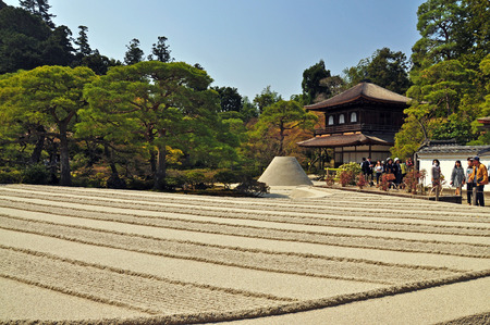KYOTO, JAPAN - APRIL 09, 2014: White sand landscape in Karesansui of Japanese garden in Ginkakuji Temple on April 09, 2014 in Kyoto, Japanのeditorial素材