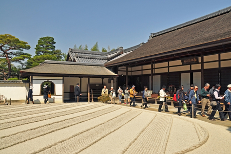 KYOTO, JAPAN - APRIL 09, 2014: White sand landscape in Karesansui of Japanese garden in Ginkakuji Temple on April 09, 2014 in Kyoto, Japanのeditorial素材