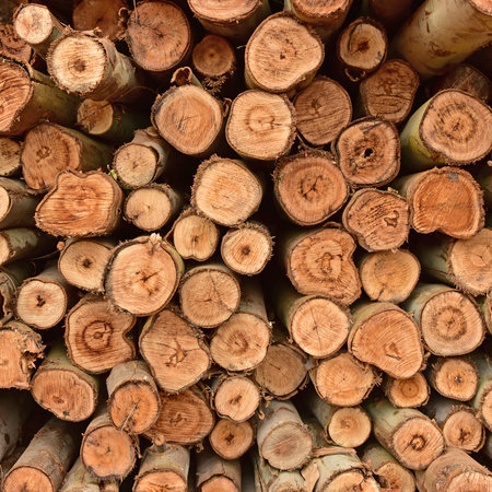 Stack of freshly cut trees in a forest.