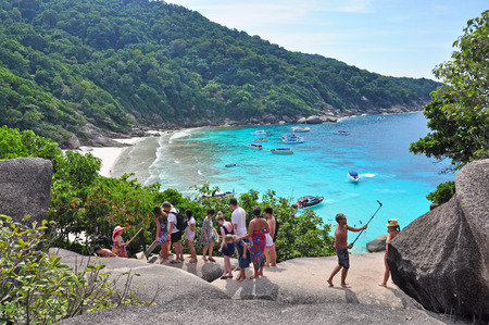 PHANG NGA, THAILAND - JANUARY 7: Tourists at Koh Similan (No.8 Island) with Sailing Boat Rock on January 7, 2016 in Similan national park, Phang Nga, Thailand.のeditorial素材