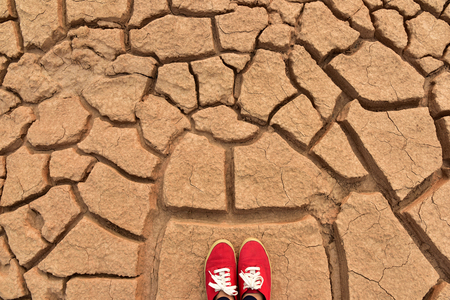 Closeup sneakers on dry land. Cracked ground background.の写真素材