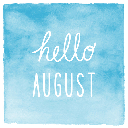 Hello August text with blue watercolor background.の写真素材