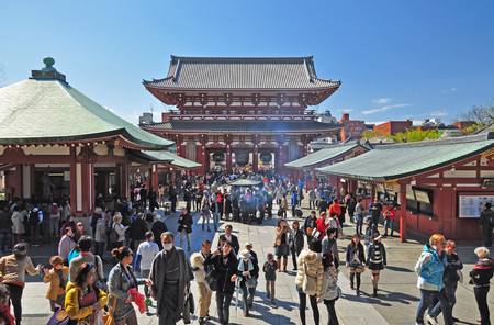 TOKYO, JAPAN - APRIL 05 : Tourists visit Sensoji temple on April 05, 2014 in Tokyo, Japan. Sensoji temple is the most famous attraction in Asakusa.のeditorial素材