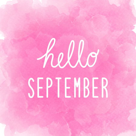Hello September greeting on abstract pink watercolor background.の写真素材