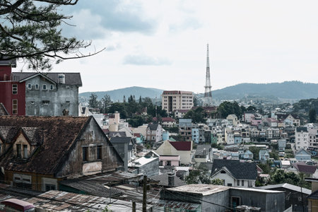 Beautiful houses with tile roofs and Da Lat Eiffel Tower in Da Lat, Vietnam.の写真素材