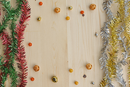 Decoration for happy new year on brown wooden background, flat lay.の写真素材