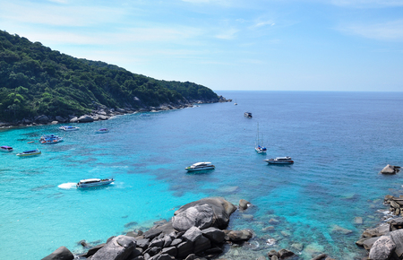 PHANG NGA, THAILAND - JANUARY 7: Tourists at Koh Similan (No.8 Island) with Sailing Boat Rock on January 7, 2016 in Similan national park, Phang Nga, Thailand.のeditorial素材