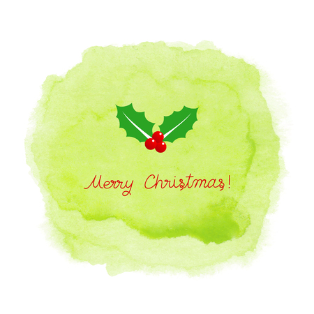 Merry Christmas greeting card on green watercolor background.の写真素材