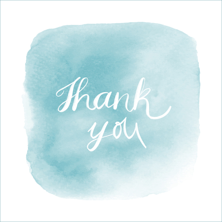 Thank you hand drawn lettering. Inspirational quote on blue watercolor.の写真素材