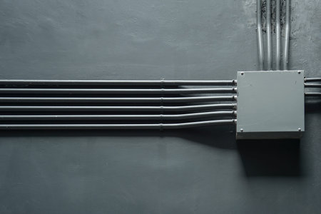 Box of transformer on gray wall.